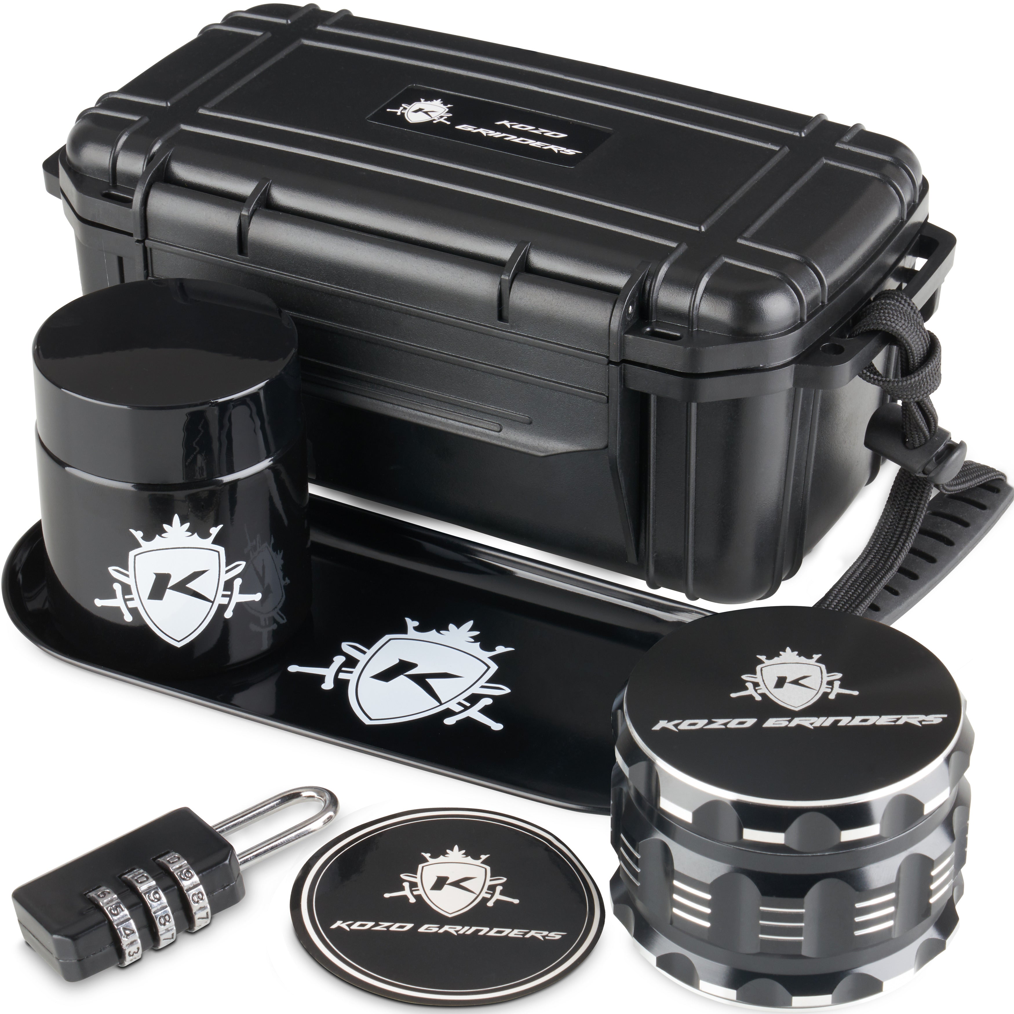 Black Kozo Grinders cannabis storage case with grinder, jar, and combination lock.