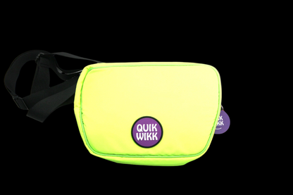 Front-facing view of a neon light gray Quik Wikk Fanny Pack with a circular purple logo and black adjustable strap.