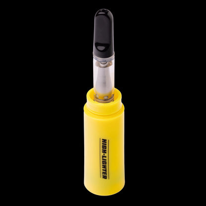 Top-down close-up of the BIGFUN! High-Lighter Vaporizer showing its black mouthpiece and clear cartridge seated in a yellow cylindrical body against a black background
