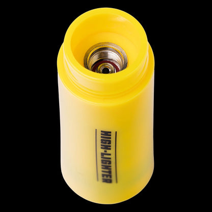 Top-down close-up of the yellow BIGFUN! High-Lighter Vaporizer showing the hollow threaded metal connector inside the cylindrical plastic body against a black background.