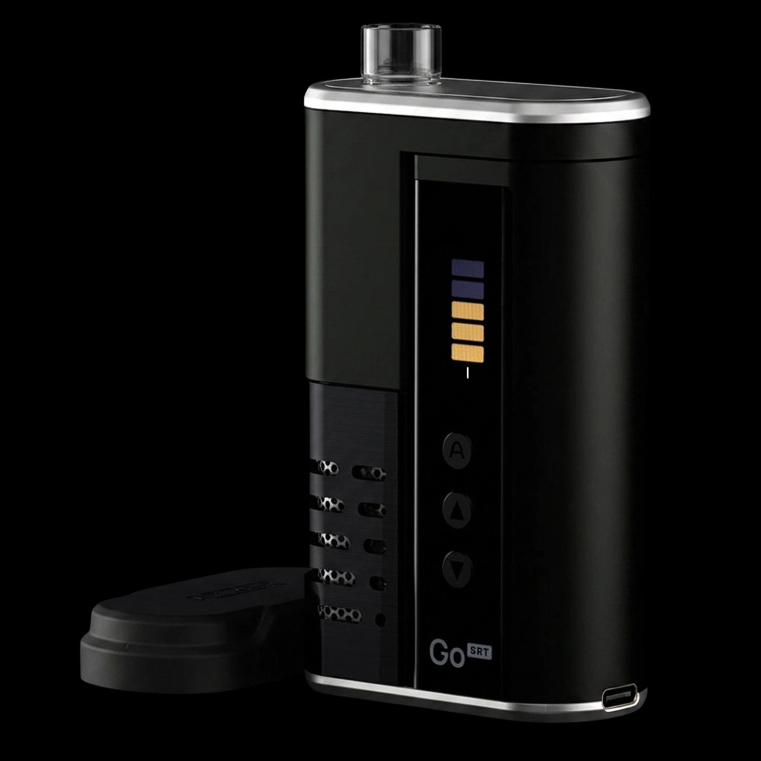 Three-quarter close-up of the black Arizer Go SRT Vaporizer showing its silver-trimmed top, LED level bars, side buttons, and removable mouthpiece against a black background