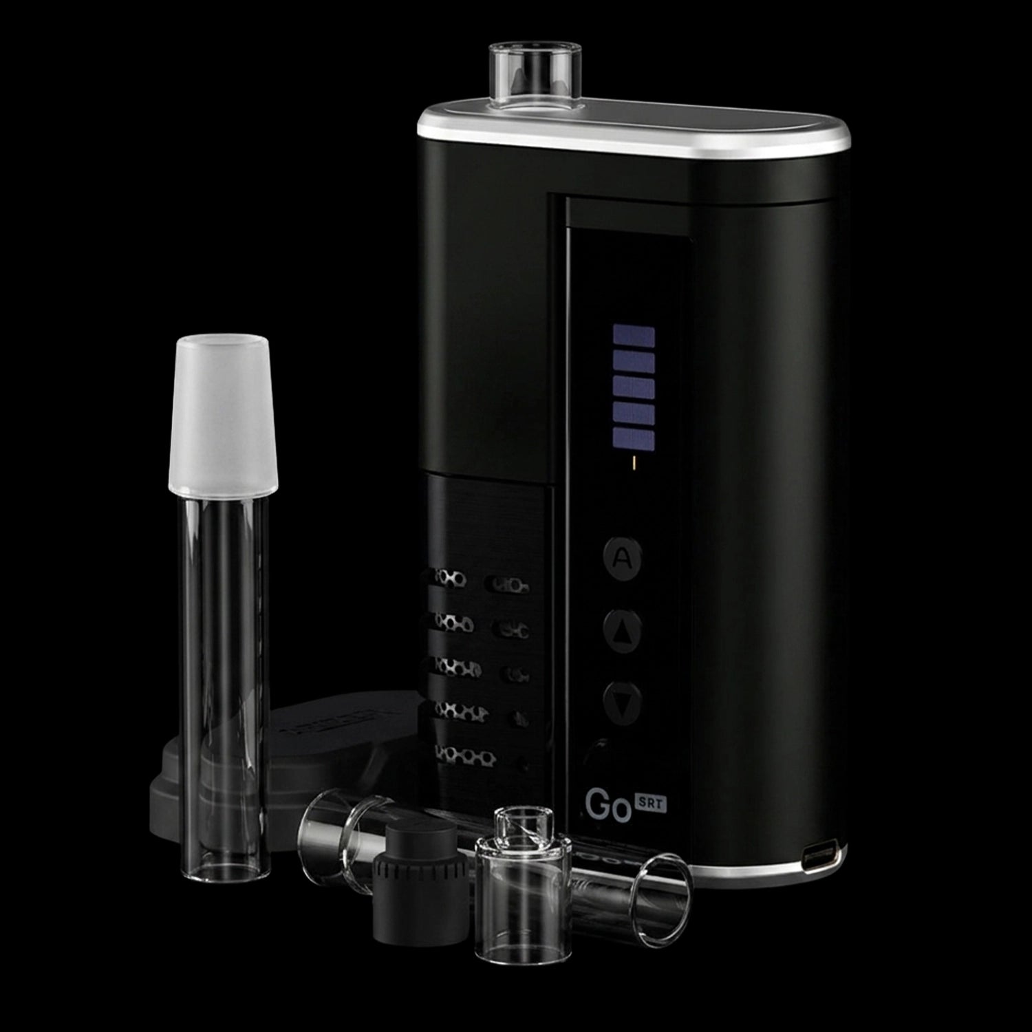 Angled close-up of the black Arizer Go SRT Vaporizer with its glass stem and accessories against a black background