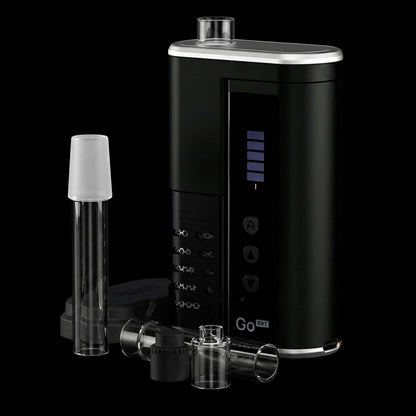 Angled close-up of the black Arizer Go SRT Vaporizer with its glass stem and accessories against a black background