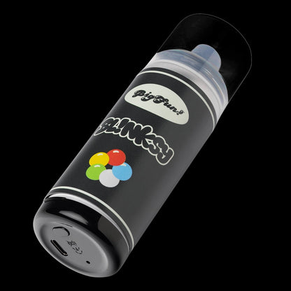 Angled close-up of the black BIGFUN! Blinksy Vaporizer showing its rounded base, colorful dot logo, and clear mouthpiece.