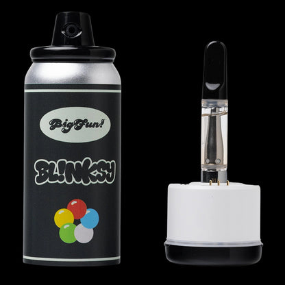 Close-up product shot of the BIGFUN! Blinksy Vaporizer showing the black canister with colorful bubble graphic beside the clear cartridge on a white base.