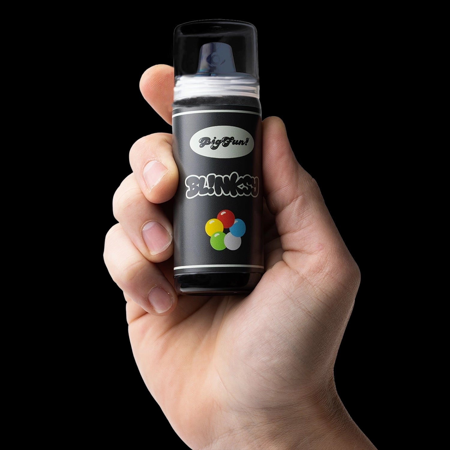 Handheld front view of the BIGFUN! Blinksy Vaporizer with its black body and colorful bubble logo against a black background