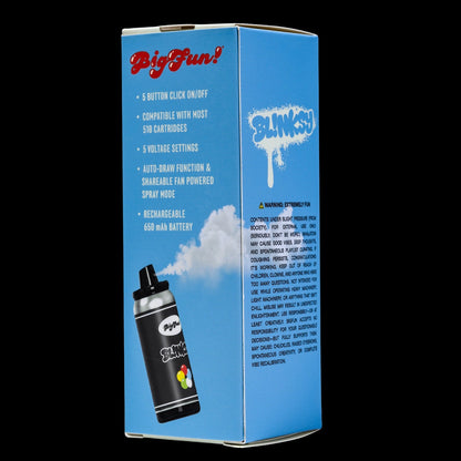 Three-quarter view of the blue box packaging for the BIGFUN! Blinksy Vaporizer with product art and white text.