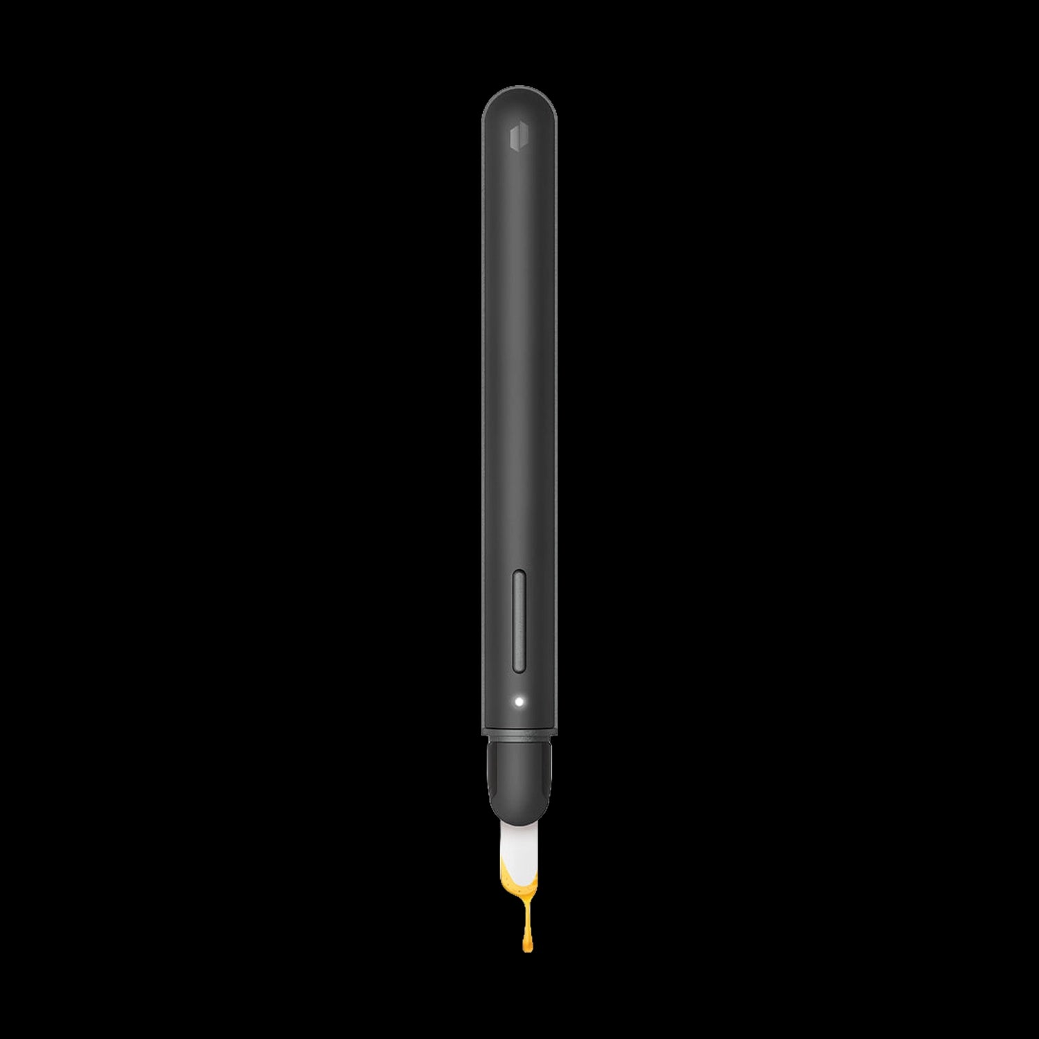 Centered vertical close-up of the Puffco New Hot Knife in haze showing its slim matte body, single button, and a droplet of golden liquid at the tip