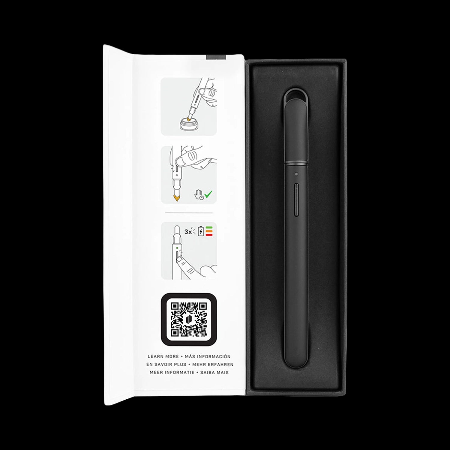 Top-down view of the Onyx Puffco New Hot Knife nestled in black foam beside its instruction leaflet showing simple pictogram steps.