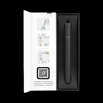 Top-down view of the Onyx Puffco New Hot Knife nestled in black foam beside its instruction leaflet showing simple pictogram steps.
