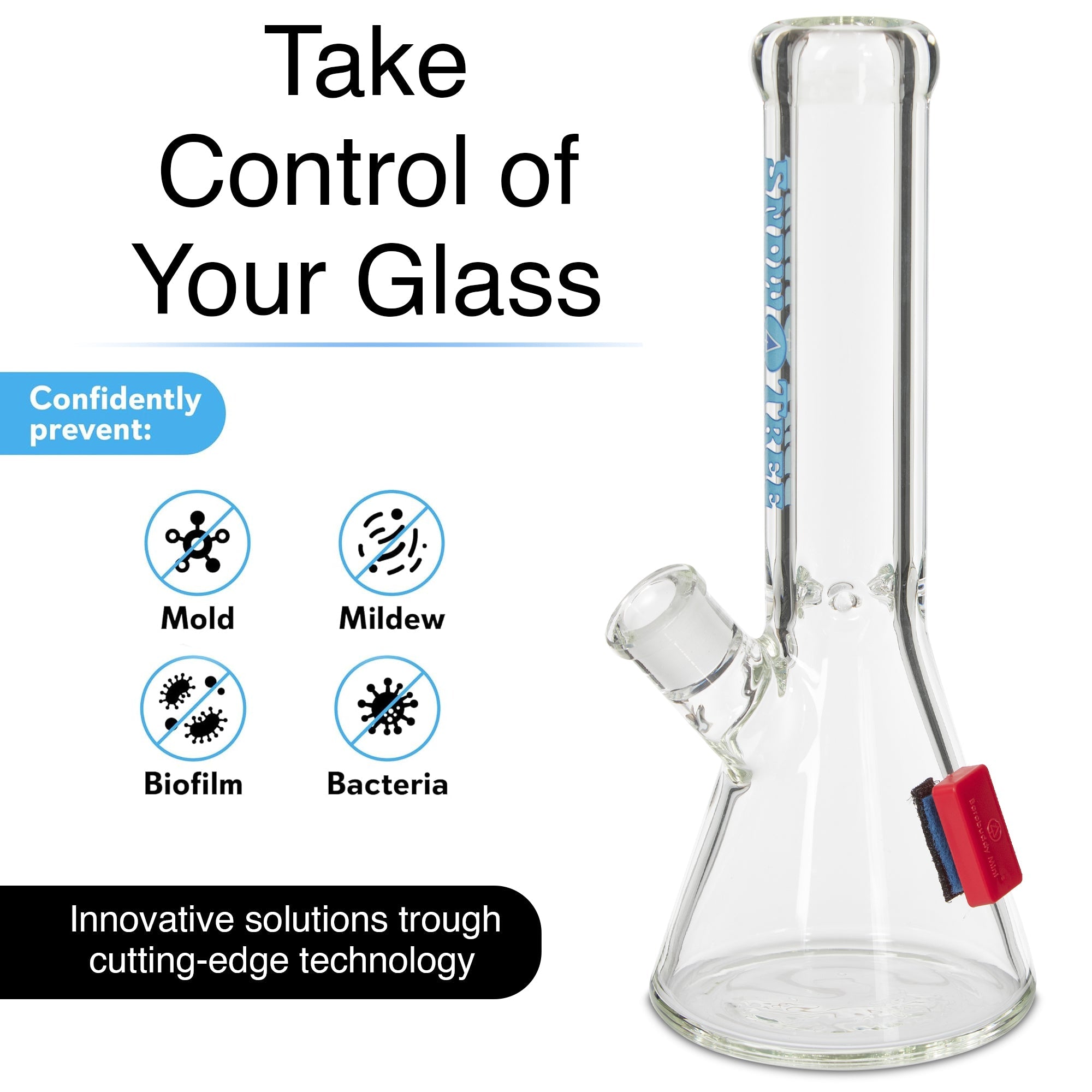 A promotional graphic featuring a glass bong with text highlighting prevention of mold, mildew, biofilm, and bacteria with “Innovative solutions through cutting-edge technology.”