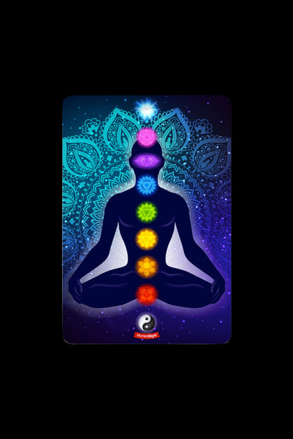 Meditating silhouette with vibrant chakra alignment, branded with “stonerdays”.