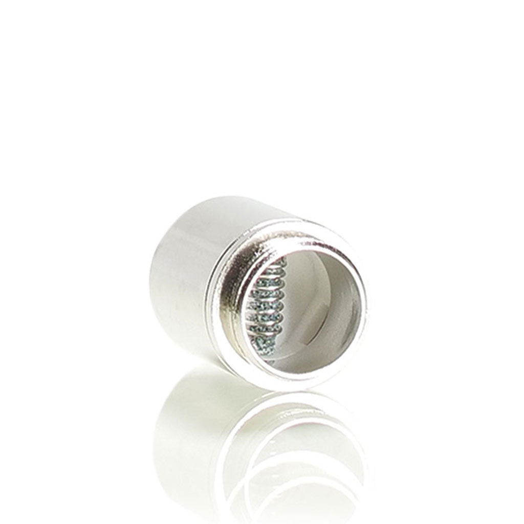 Angled close-up of a single shiny metal coil showing its internal spring and mirrored reflection, RYOT® 3 Pack Of Extra Coils For 710 Wax Tank - New