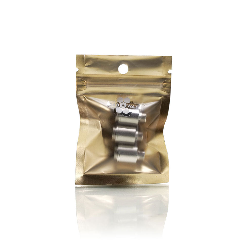 Center-frontal view of a gold foil pouch with three visible silver coils inside, labeled RYOT® 3 Pack Of Extra Coils For 710 Wax Tank - New