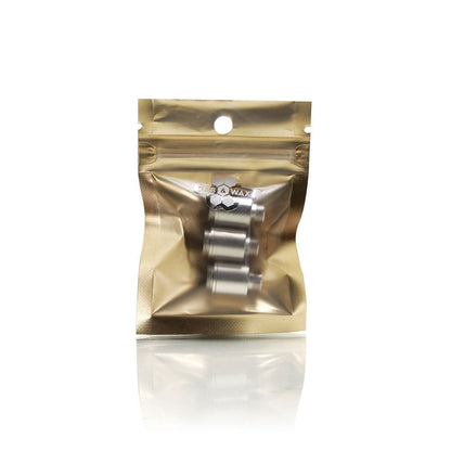 Center-frontal view of a gold foil pouch with three visible silver coils inside, labeled RYOT® 3 Pack Of Extra Coils For 710 Wax Tank - New