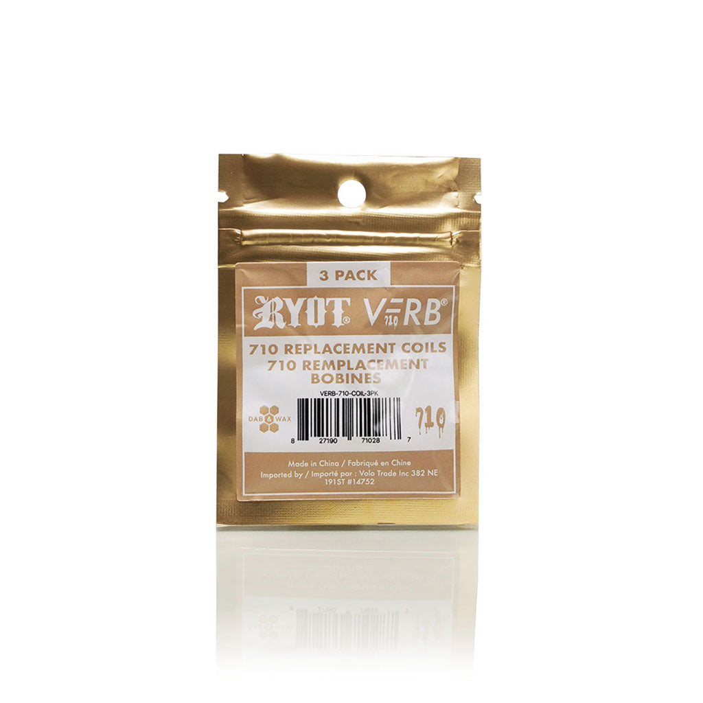 Centered front view of a gold foil pouch labeled RYOT® 3 Pack Of Extra Coils For 710 Wax Tank - New standing on a reflective white surface.