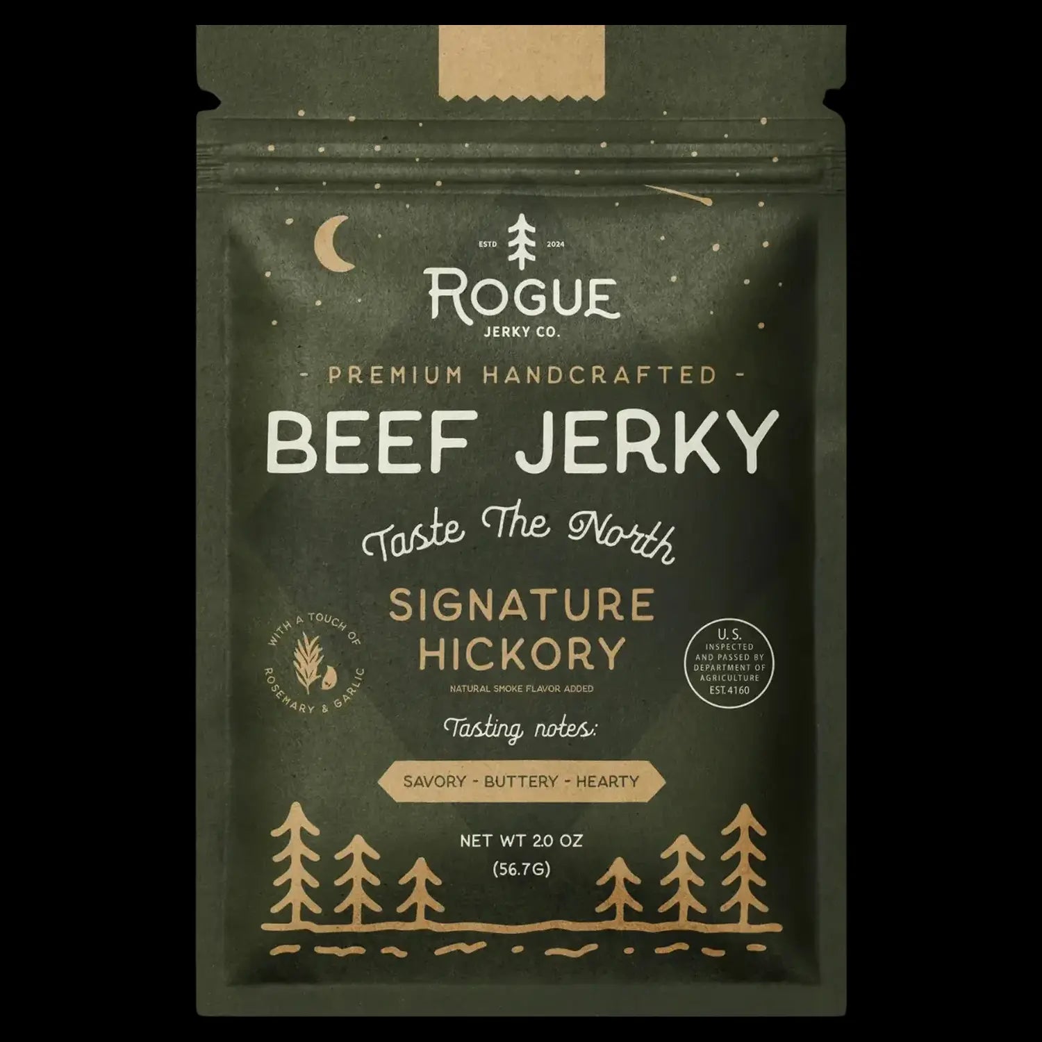 Close-up of “Rogue Jerky Co.” packaging featuring a crescent moon and pine tree design, labeled “Signature Hickory” with tasting notes: savory, buttery, hearty.