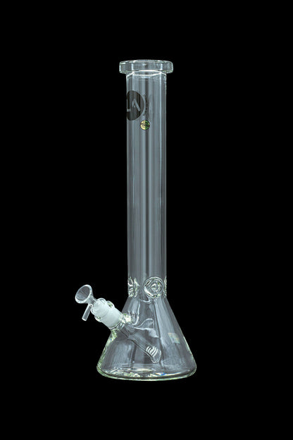 Clear glass water pipe (bong) with intricate floral-shaped glasswork and a removable downstem.