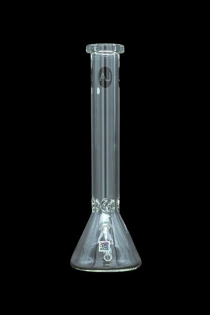 Clear glass bong with vertical ribbed tube and flared base.
