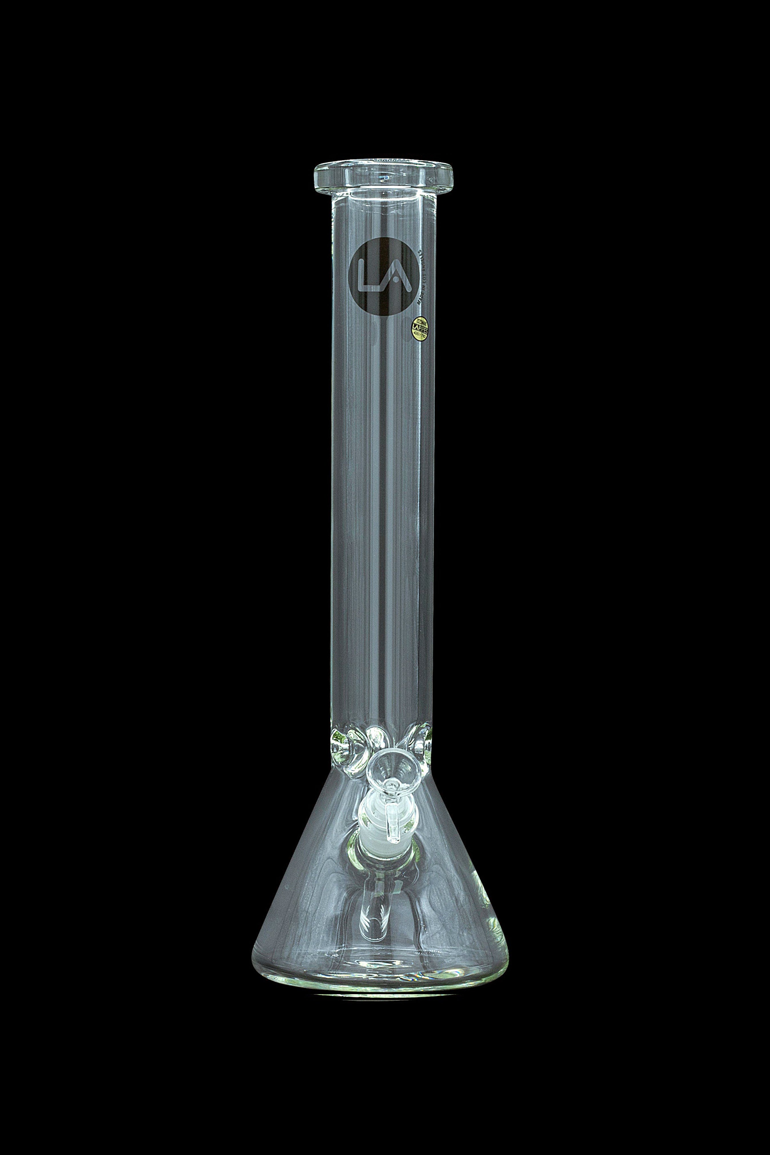 Clear glass water pipe (bong) with ice pinch and branded logo against a black background.