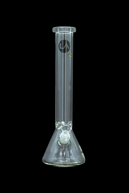 Clear glass water pipe (bong) with ice pinch and branded logo against a black background.