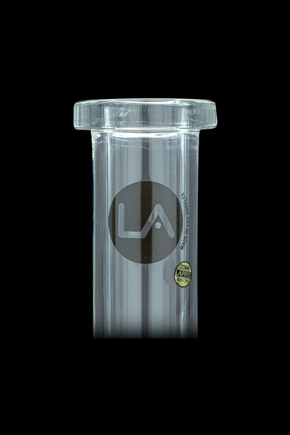 Clear glass bubbler with "LA" logo and "420pipes" branding.