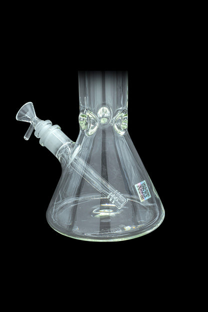 Clear glass bong with ice catch and QR code sticker.
