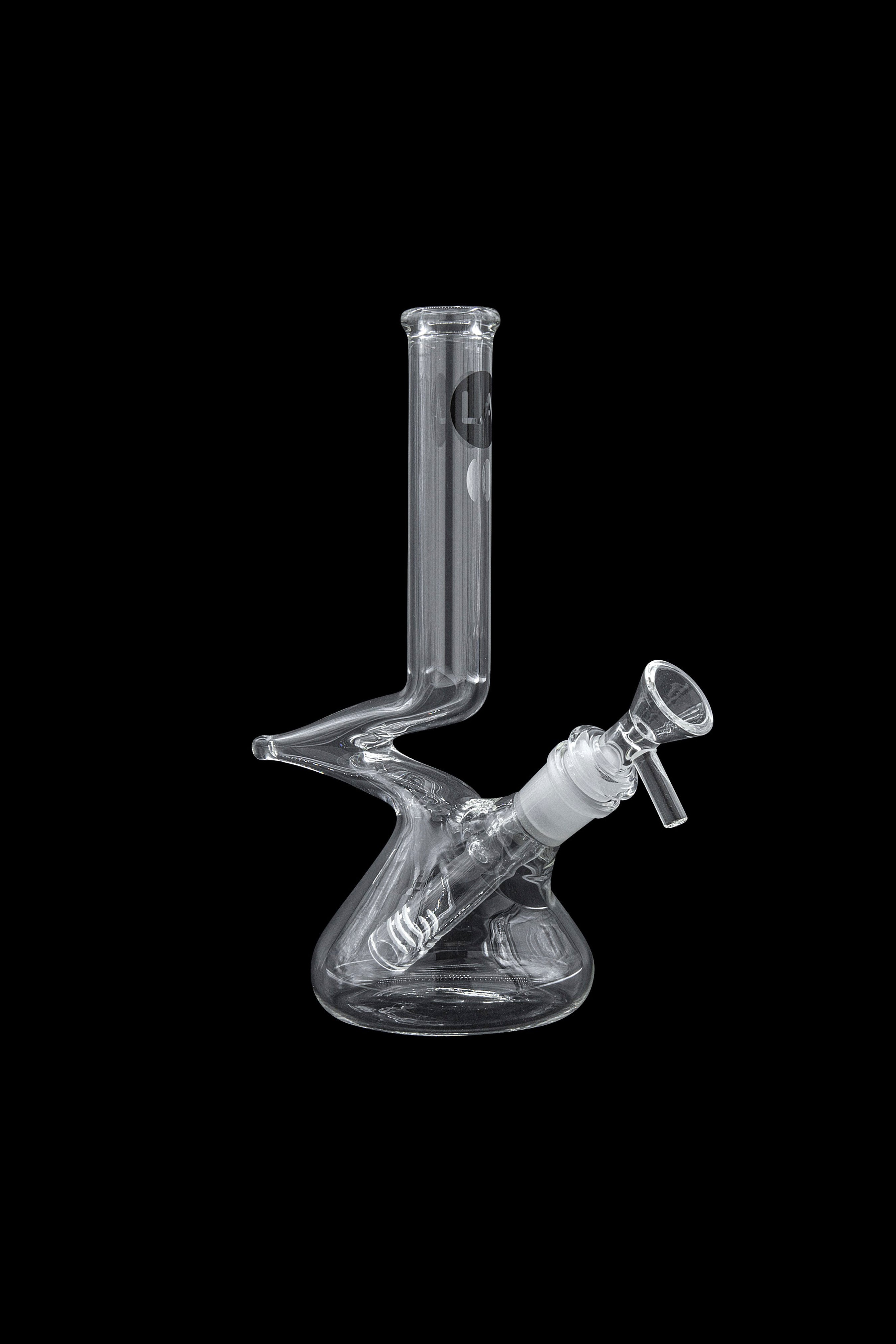 Clear glass water pipe (bong) with a downstem and bowl, isolated on a black background.