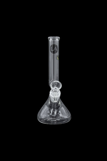 Clear glass bong with ice catcher and percolator, isolated on black.