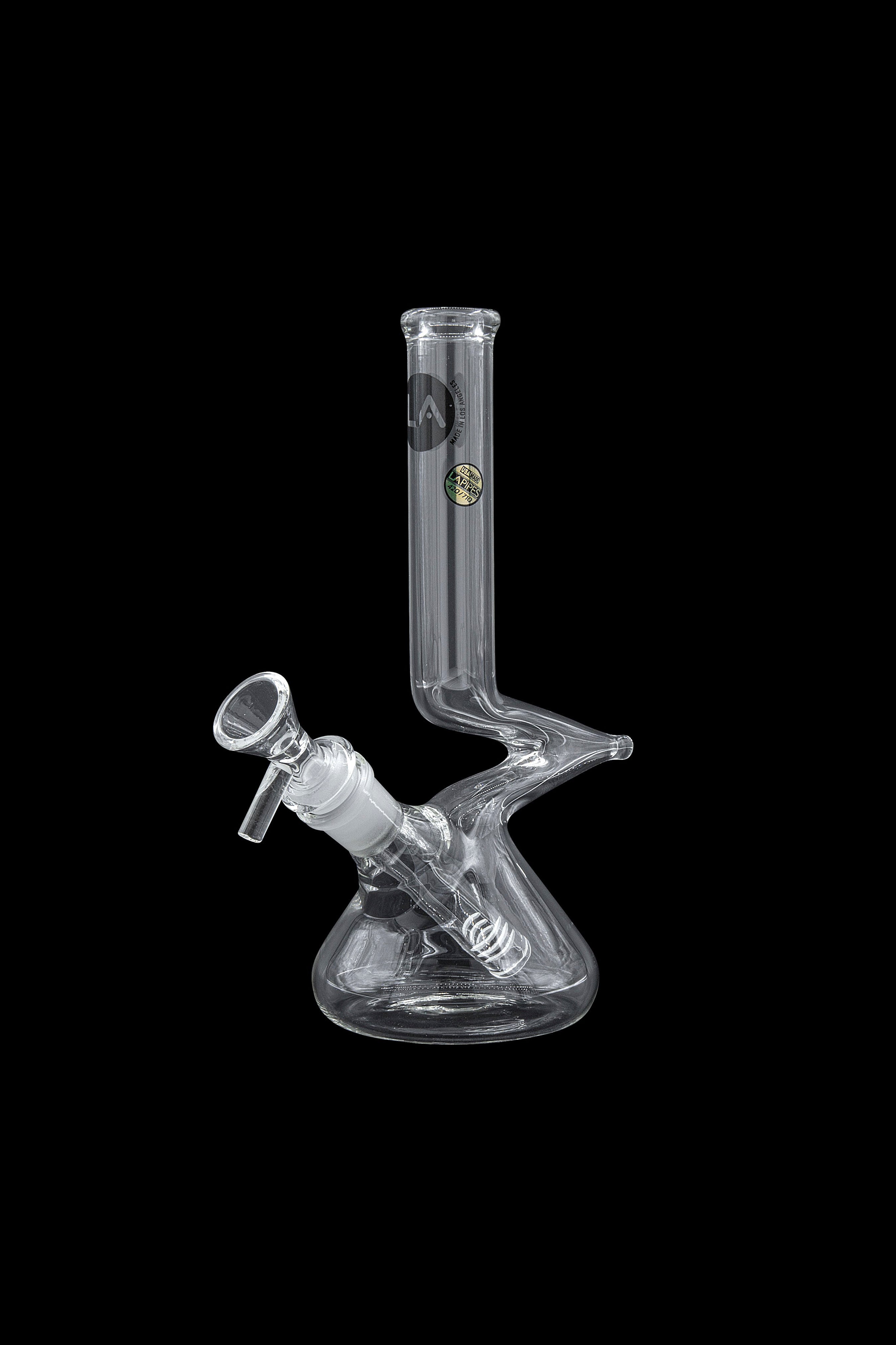 Clear glass water pipe (bong) with intricate design against a black background.