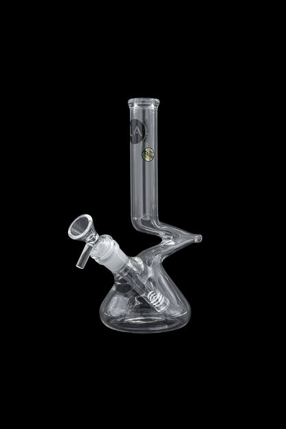 Clear glass water pipe (bong) with intricate design against a black background.