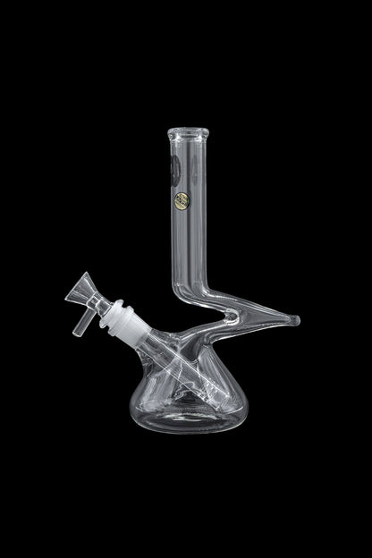 Clear glass bong with angled neck and removable bowl.