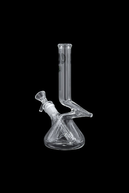 Clear glass water pipe (bong) with intricate design, isolated on black.