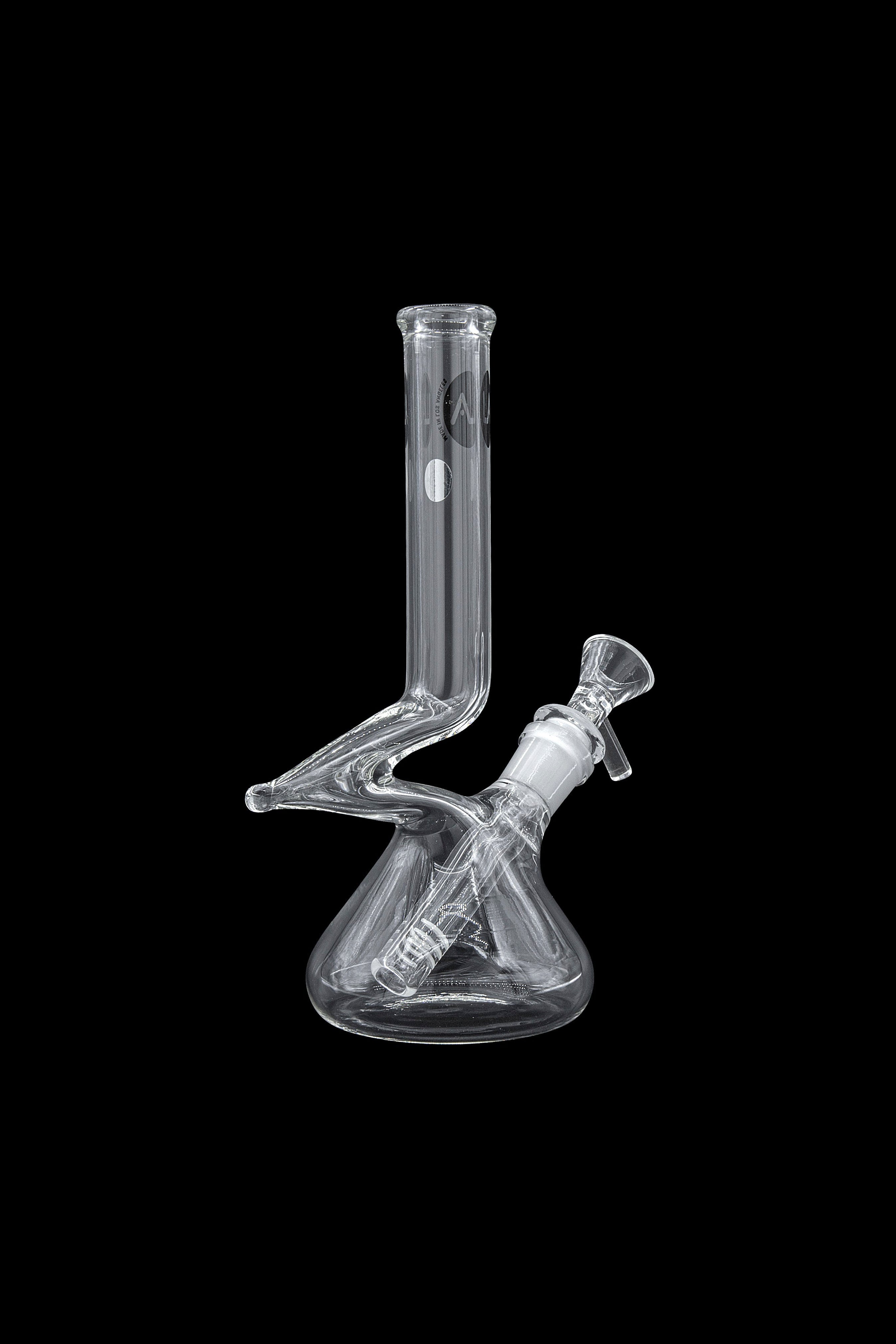 Clear glass water pipe (bong) with intricate design, isolated on a black background.
