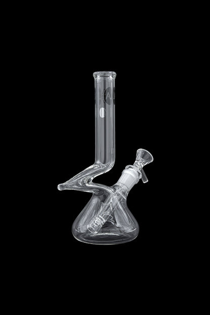 Clear glass water pipe (bong) with intricate design, isolated on a black background.