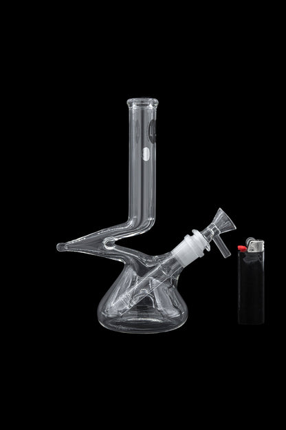 Clear glass bong with a bowl piece and lighter on a black background.