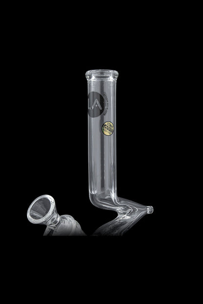 Clear glass bubbler with a flared mouthpiece and etched logo.