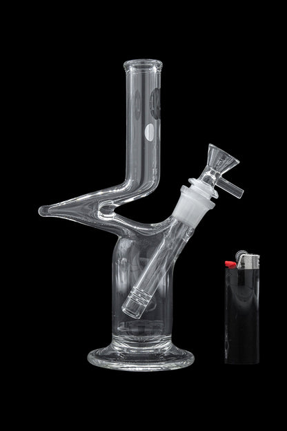 Clear glass bong with a lighter beside it, against a black background.