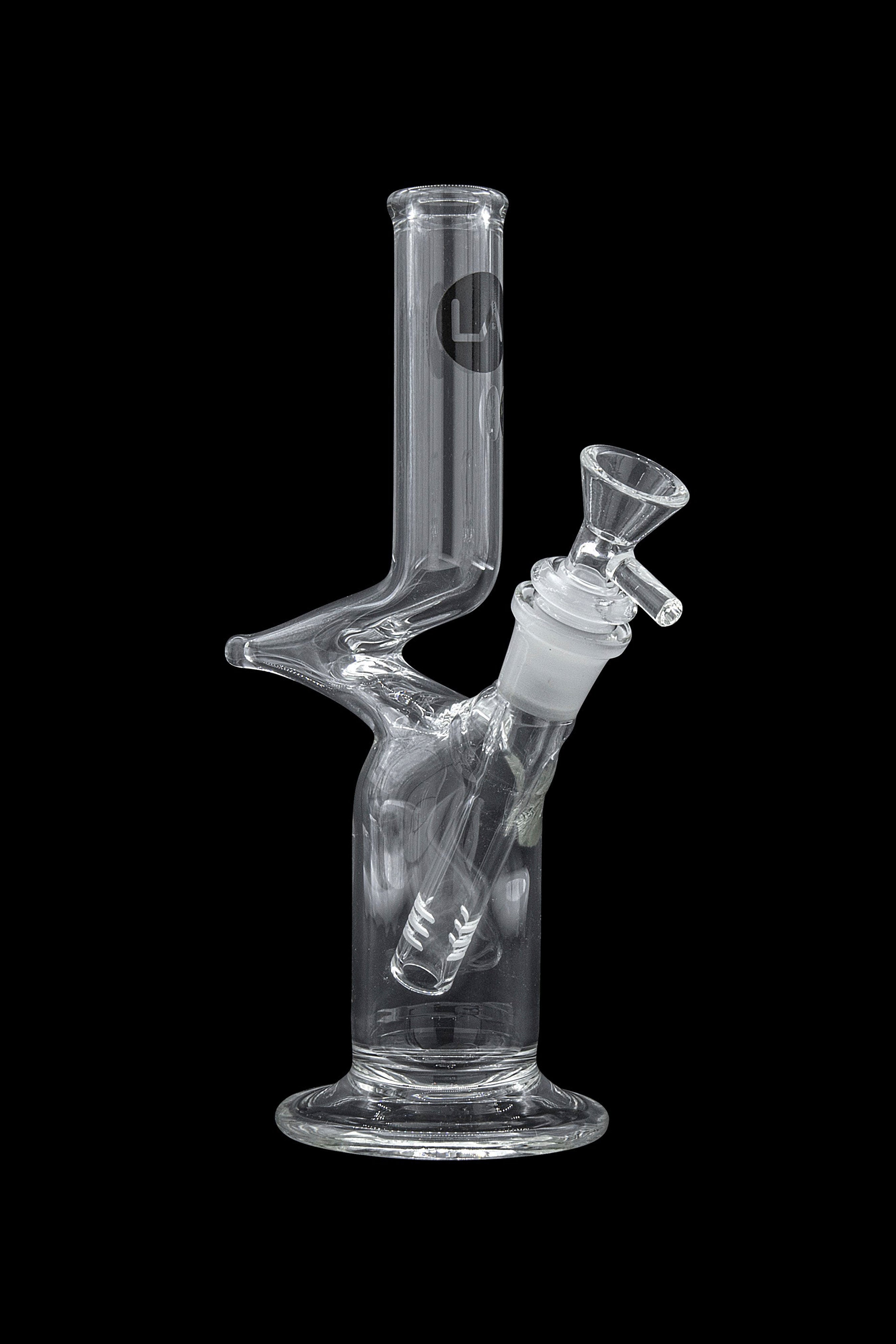 Clear glass water pipe (bong) with intricate design and removable bowl, isolated on a black background.