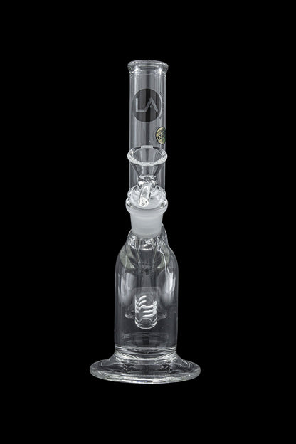 Clear glass water pipe (bong) with ice catch and branded logo.