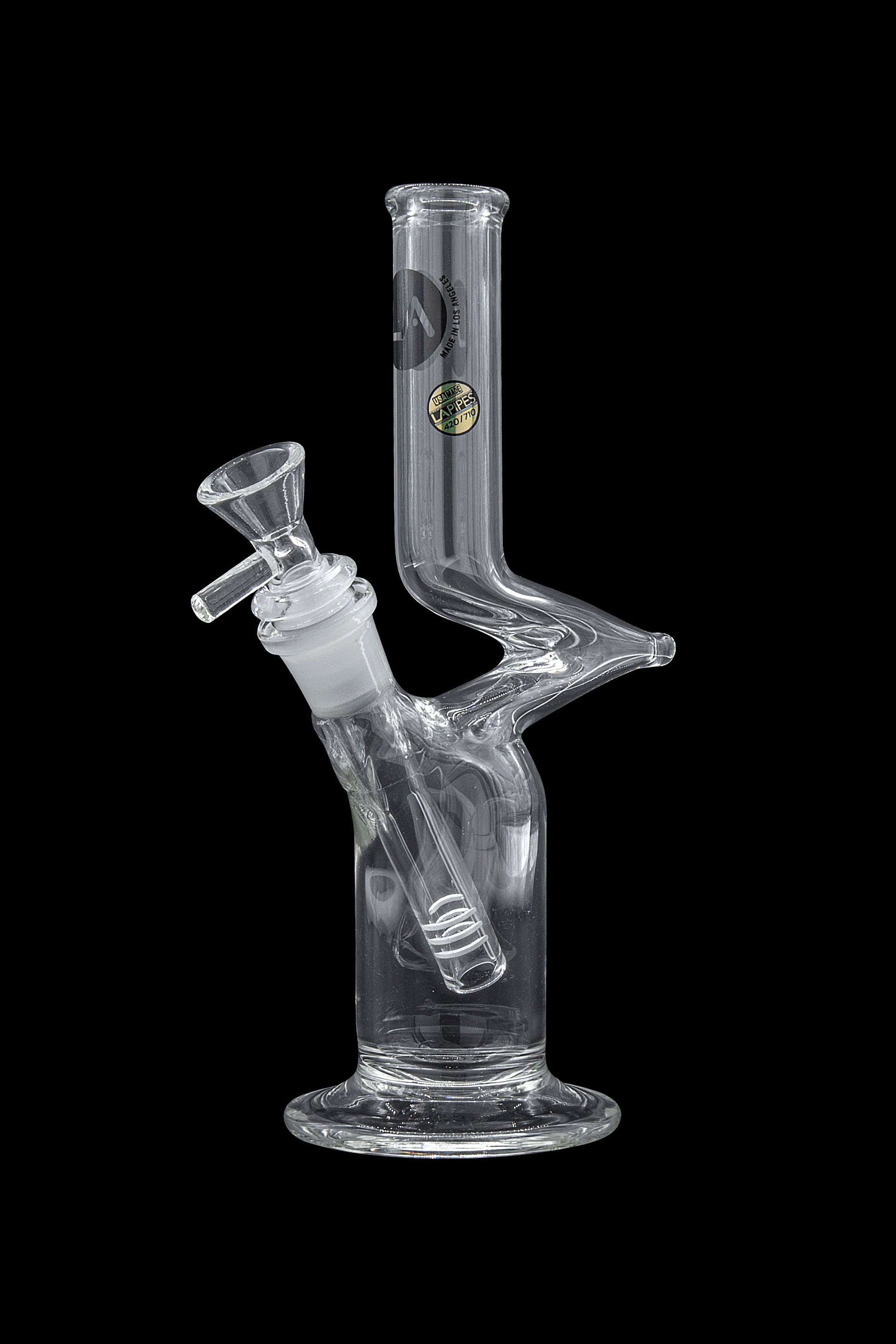 Clear glass water pipe (bong) with a flared base and angled neck.