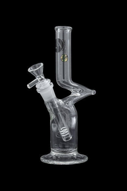 Clear glass water pipe (bong) with a flared base and angled neck.