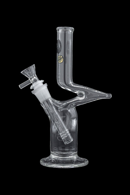 Clear glass water pipe (bong) with angled neck and removable downstem.