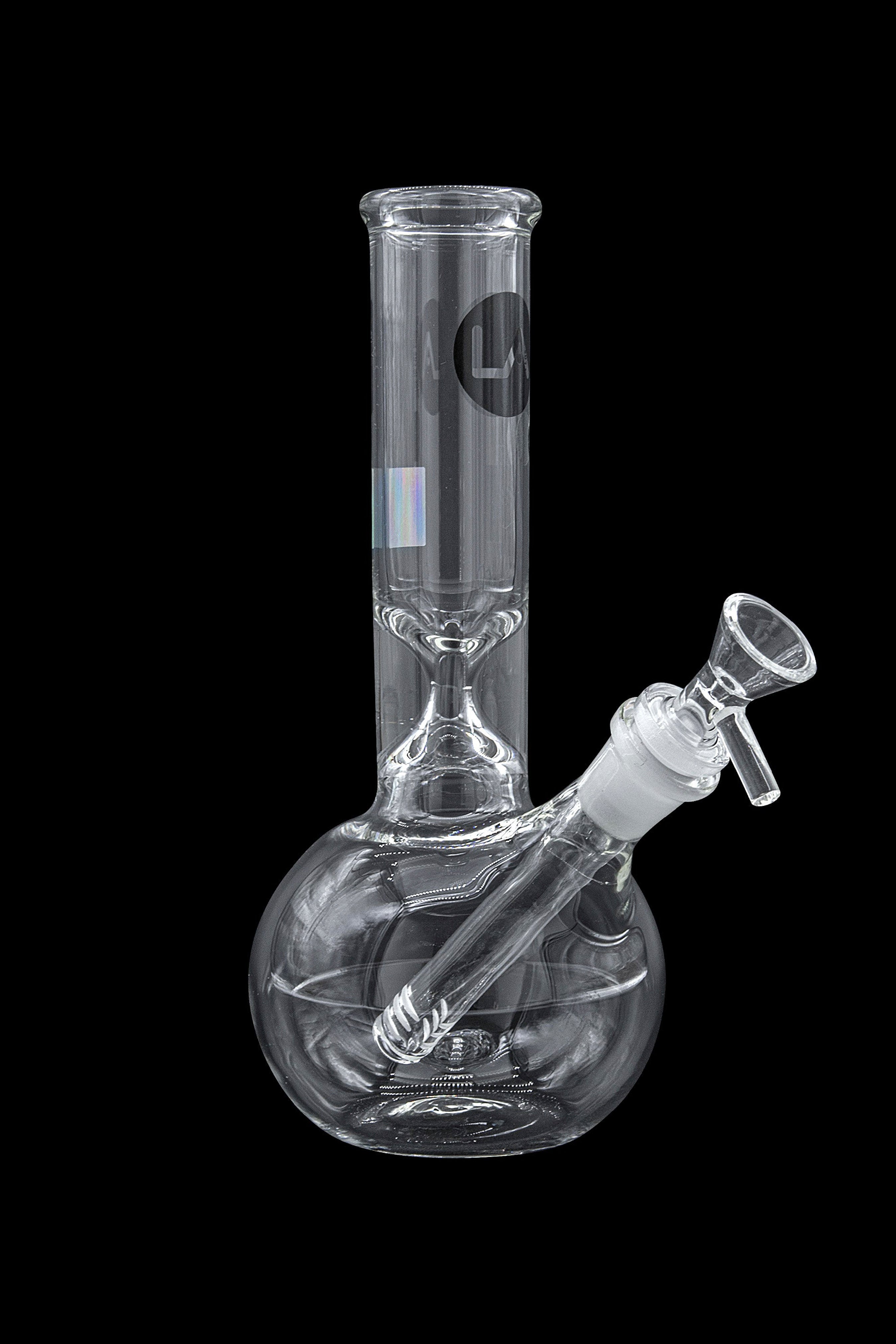 Clear glass water pipe (bong) with a detachable downstem and bowl, isolated on a black background.