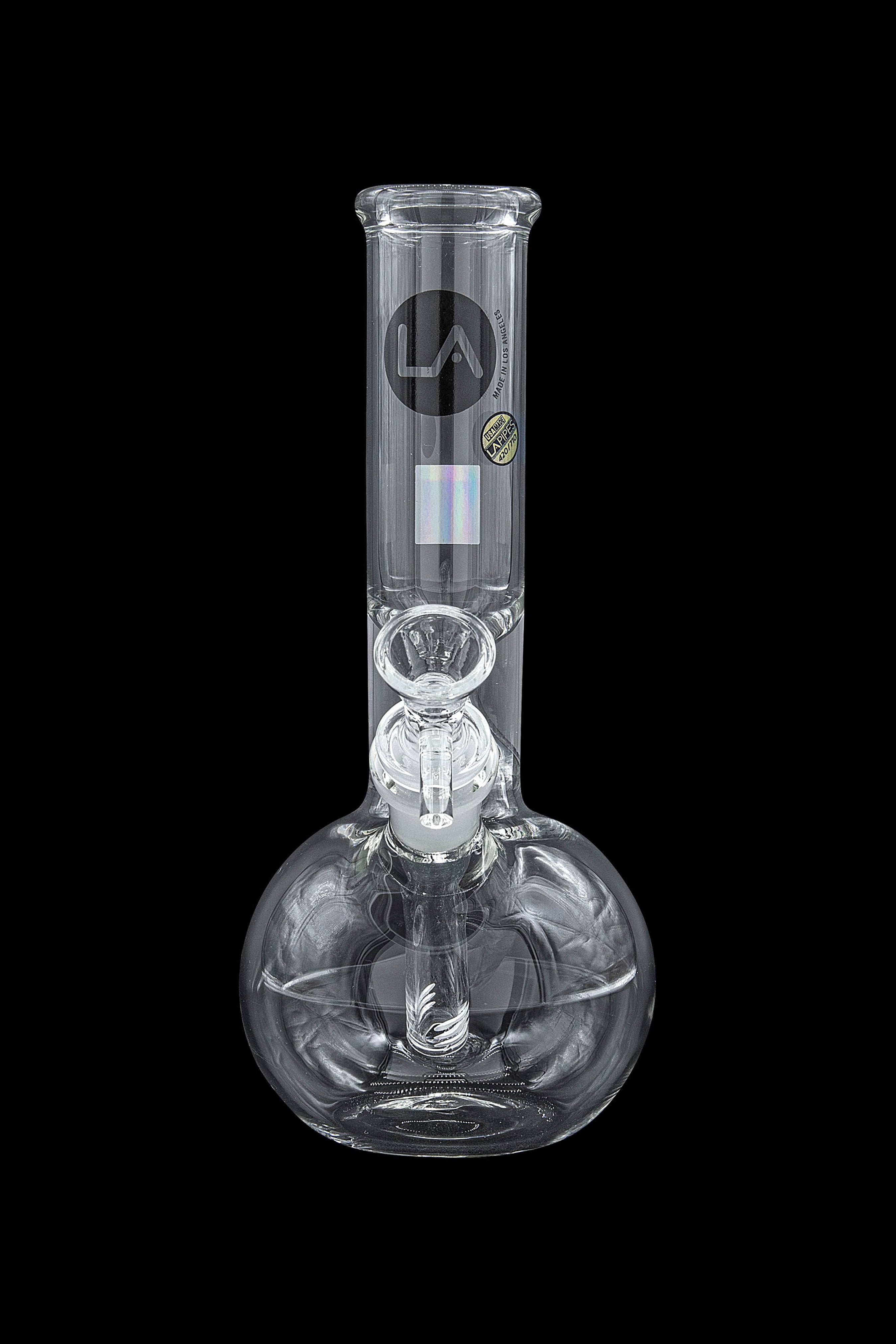 Glass water pipe (bong) for smoking cannabis, featuring a spherical base and intricate percolator.