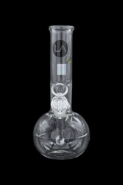 Glass water pipe (bong) for smoking cannabis, featuring a spherical base and intricate percolator.