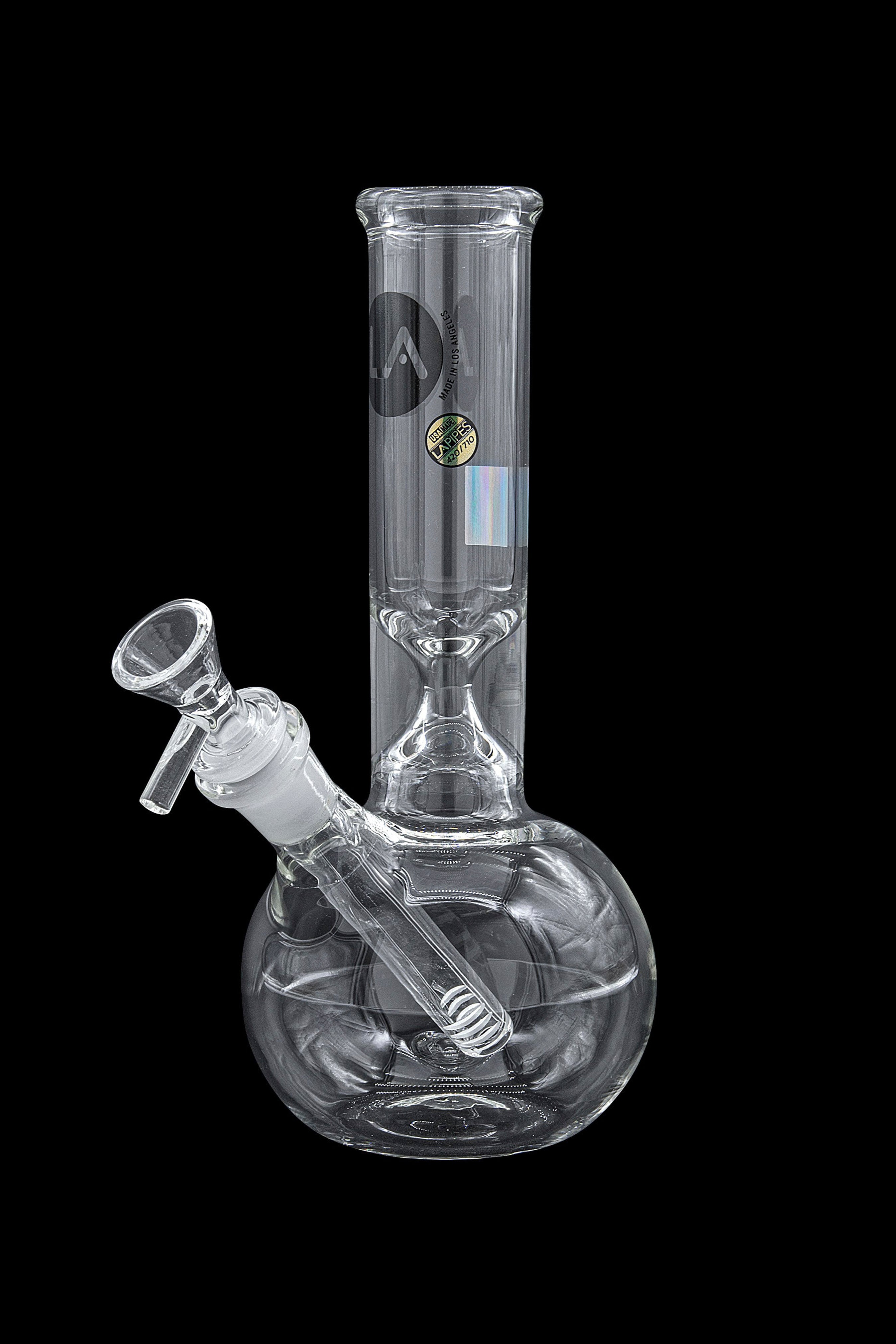 Clear glass water pipe (bong) with a detachable downstem and bowl, isolated on a black background.