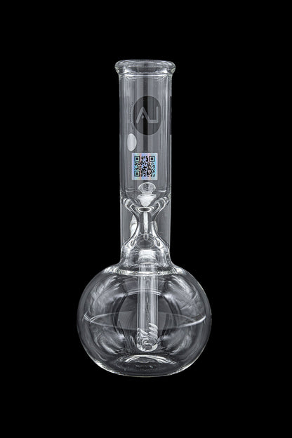 Clear glass water pipe (bong) with a bulbous base and QR code label.