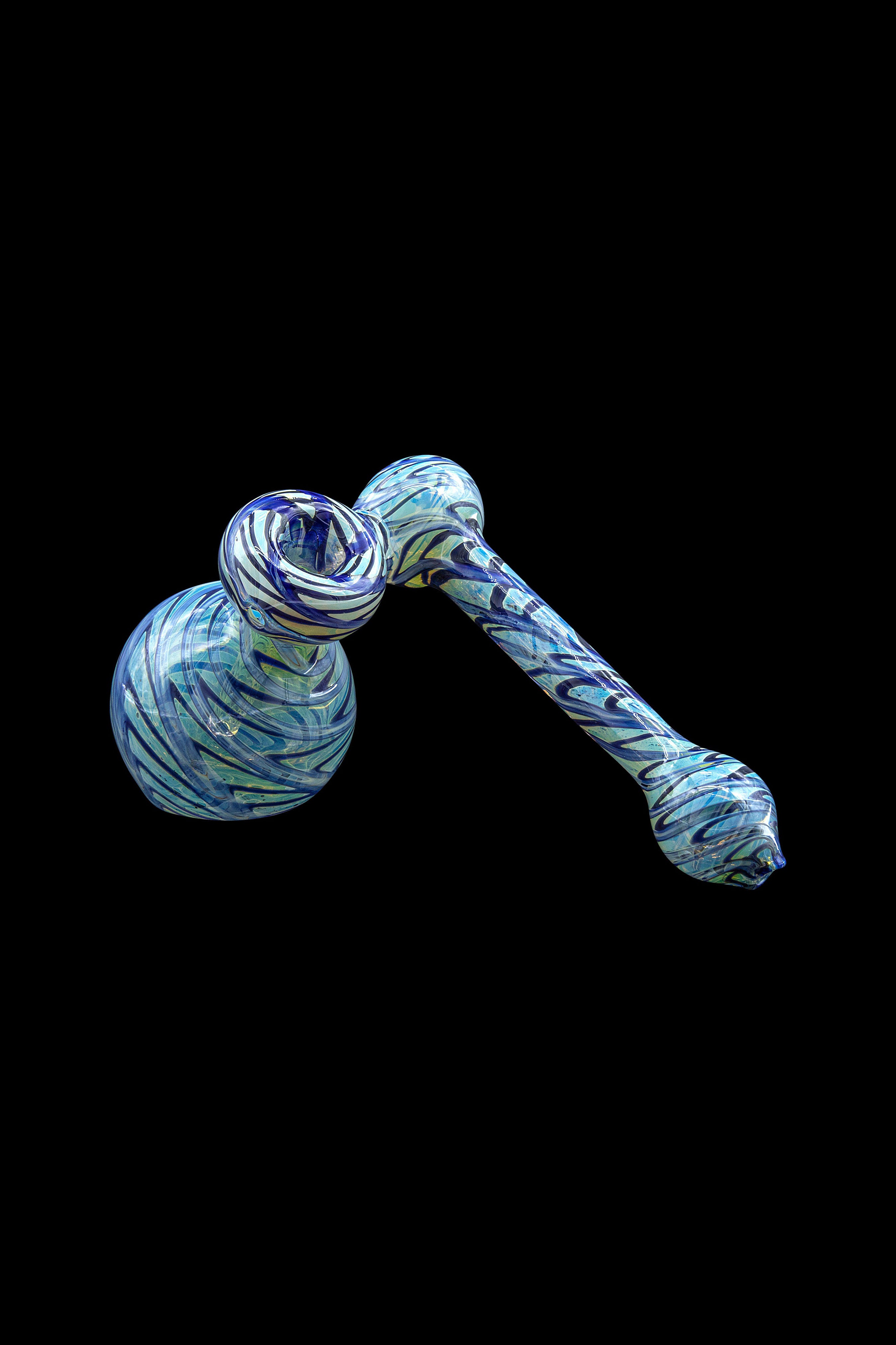 Blue and white patterned glass bubbler pipe on a black background.