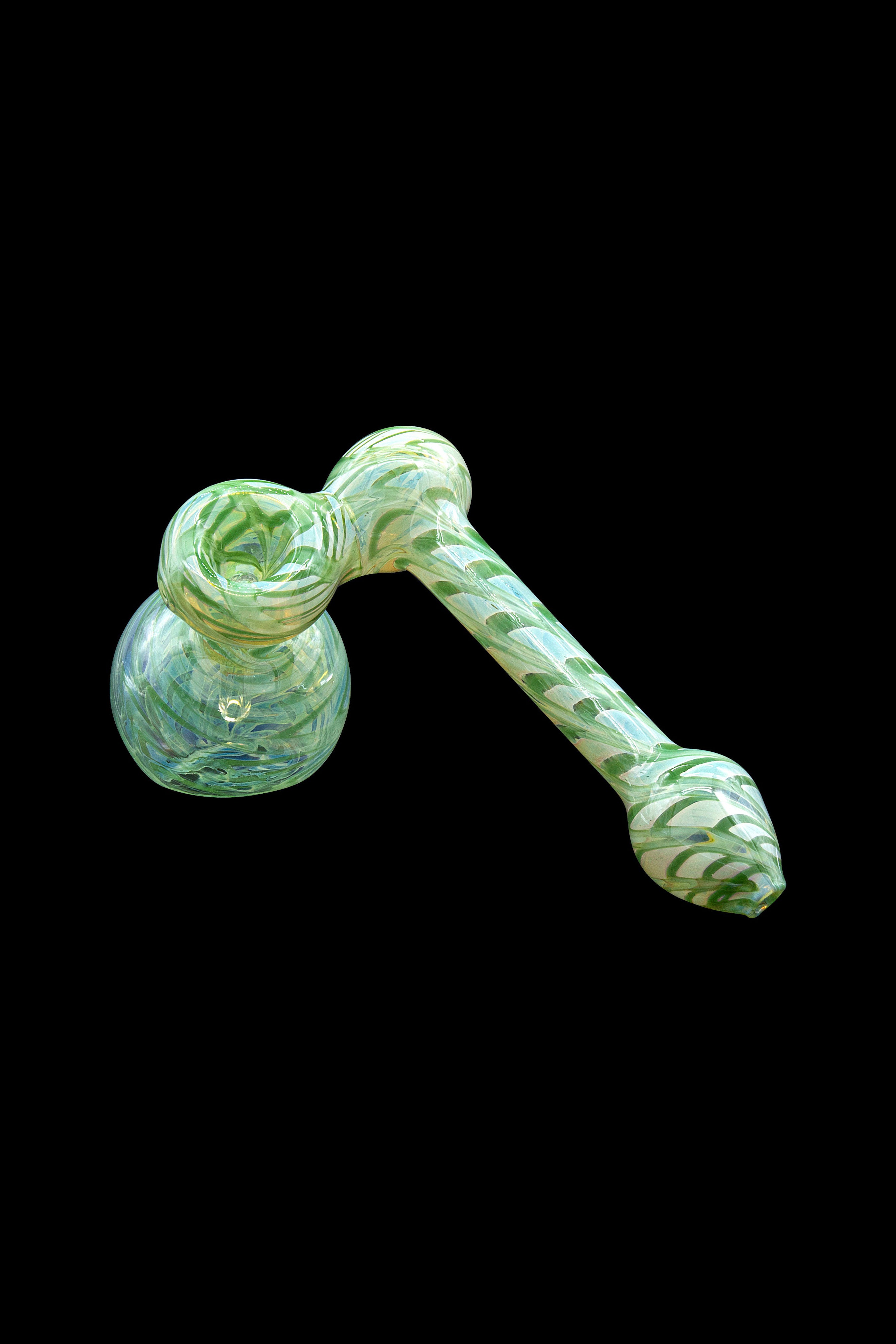Green glass bubbler with leaf patterns, isolated on a black background.